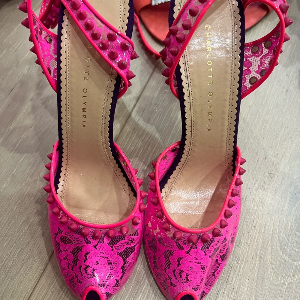 Charlotte Olympia Pink Studded Lace Heels 41
